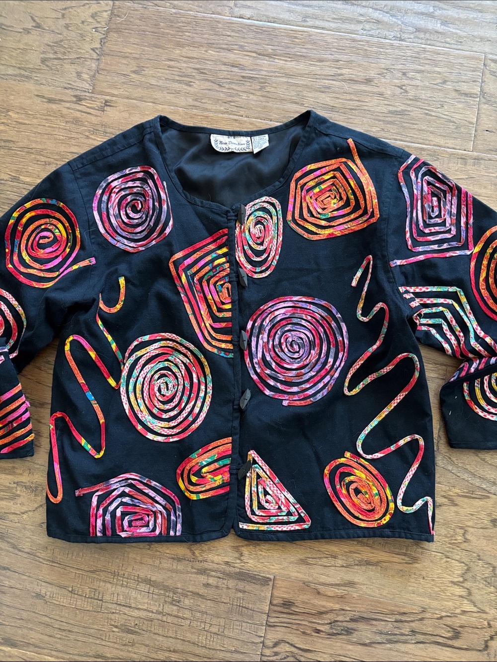 Vintage Black Cropped Jacket with Multicolor Spiral Appliqué